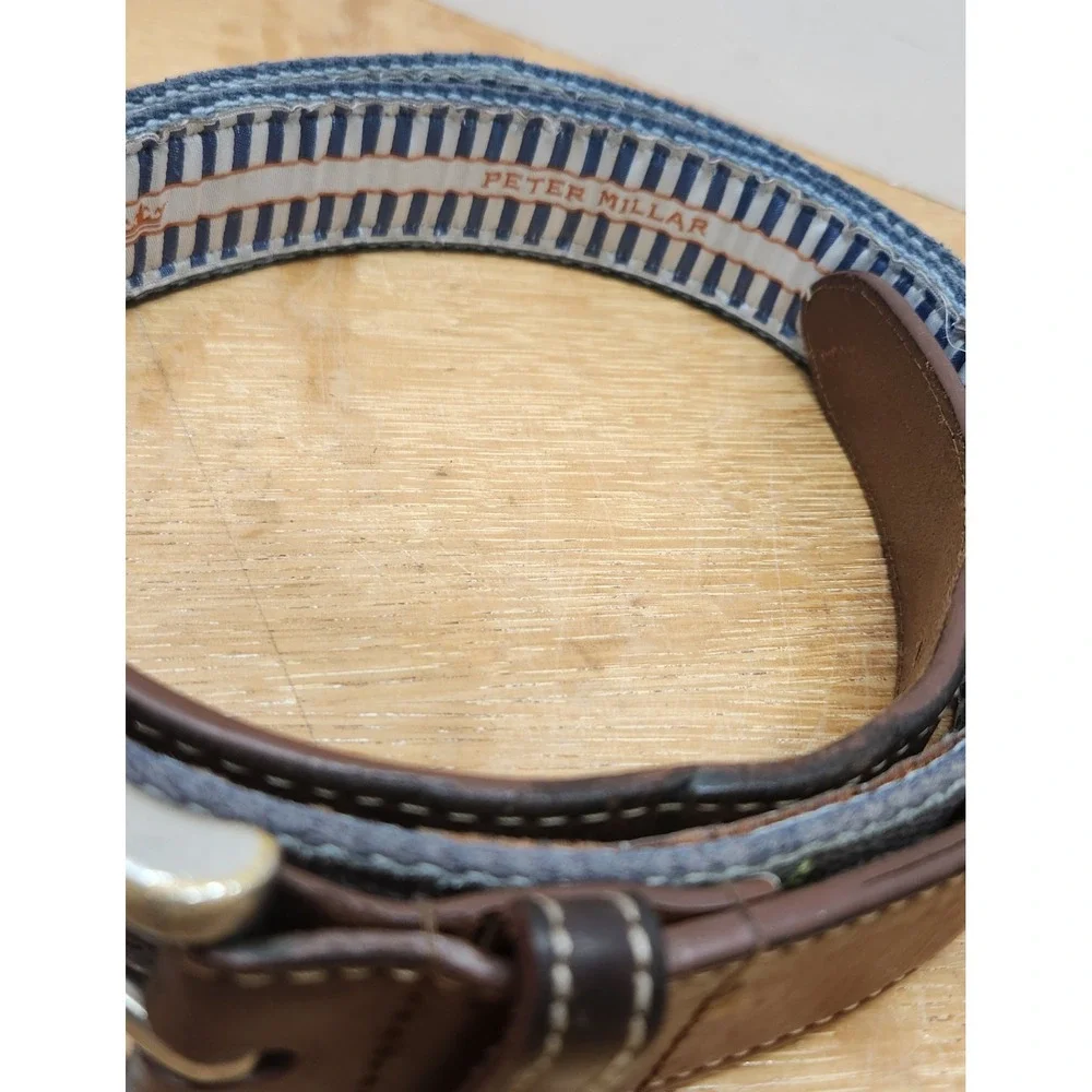 Peter Millar Mens Canvas Leather Belt Grey Brown Striped Solid Brass Buckle